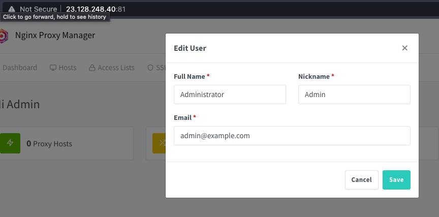 Nginx Proxy Manager girişi